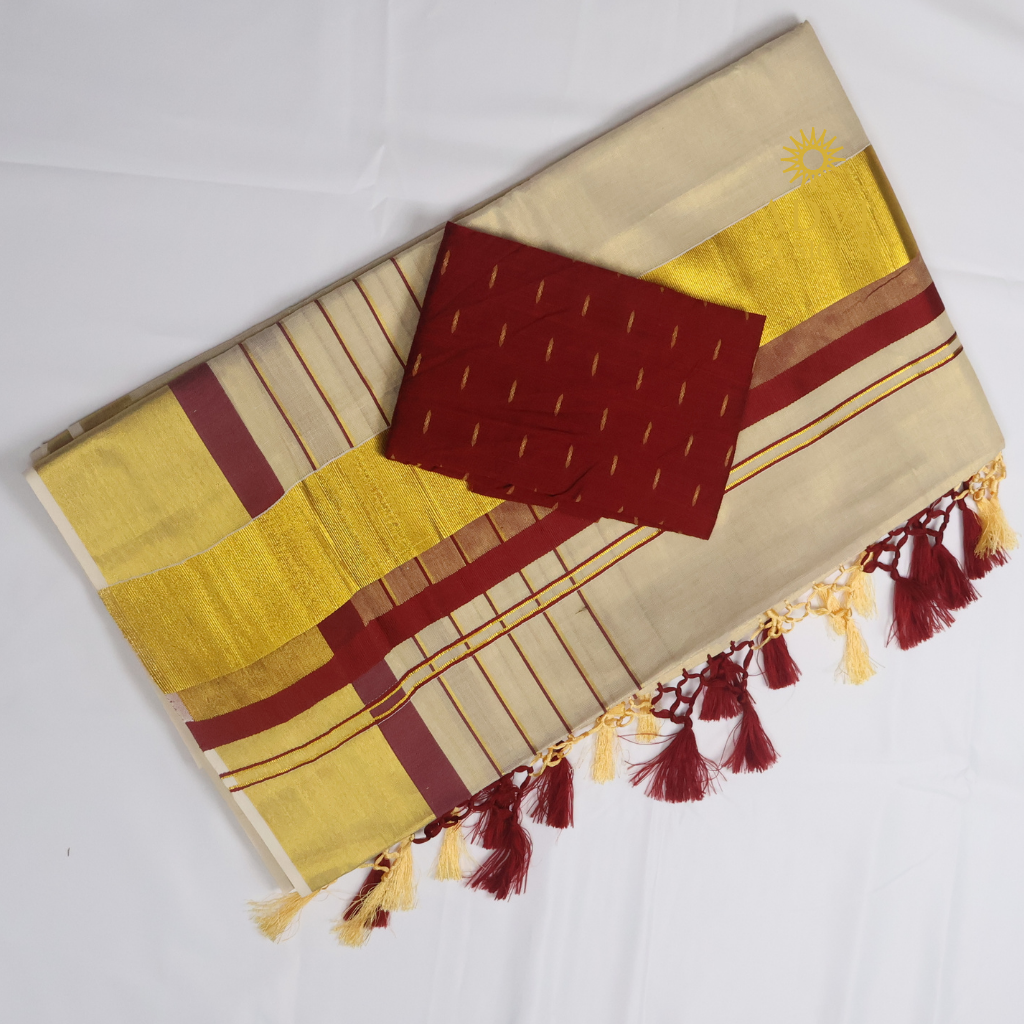 Premium Kerala Kasavu Tissue Set Saree with Maroon Border & Matching Blouse