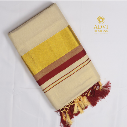 Premium Kerala Kasavu Tissue Set Saree with Maroon Border & Matching Blouse