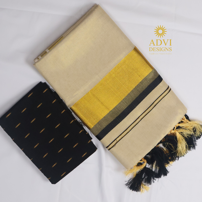 Premium Kerala Kasavu Tissue Set Saree with Black Border & Matching Blouse
