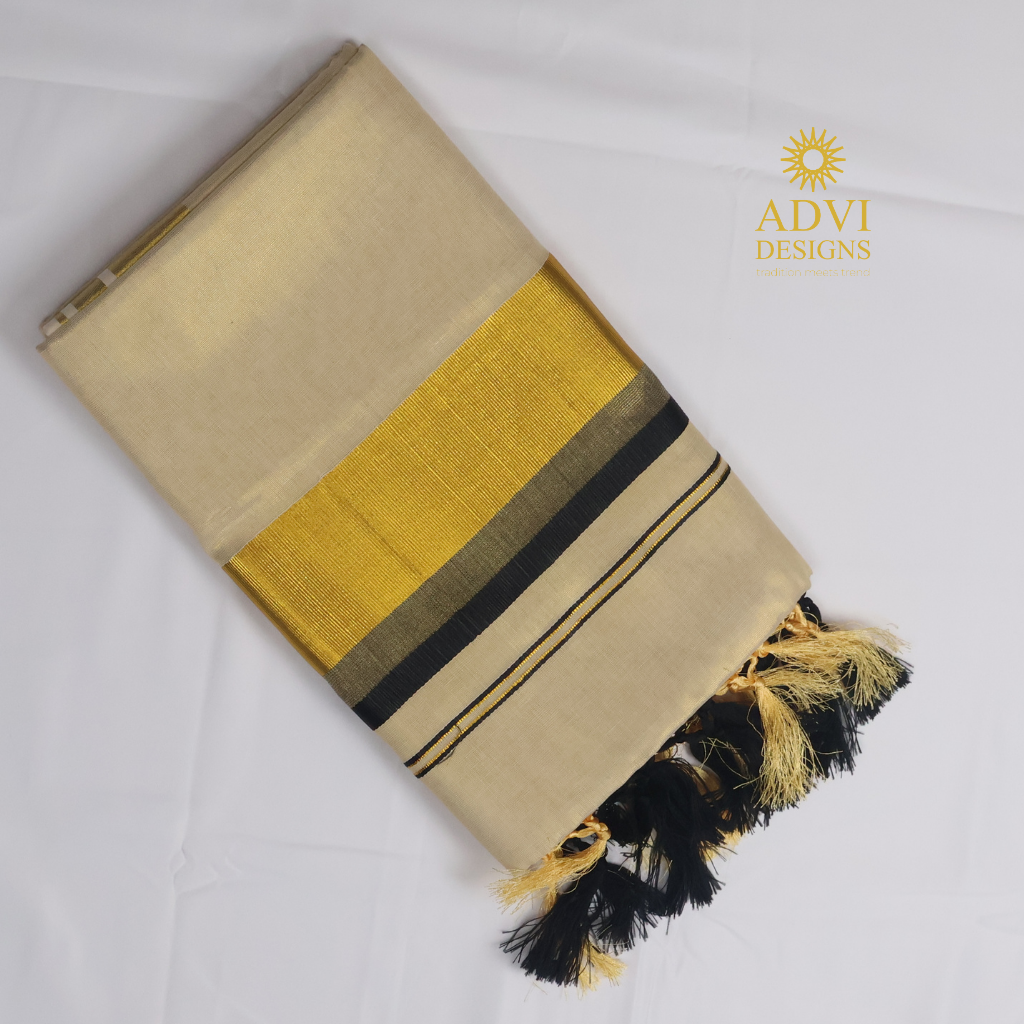 Premium Kerala Kasavu Tissue Set Saree with Black Border & Matching Blouse