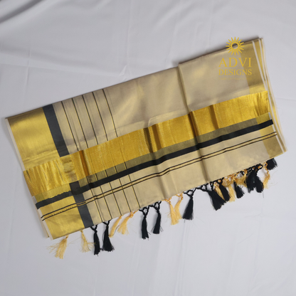 Premium Kerala Kasavu Tissue Set Saree with Black Border & Matching Blouse