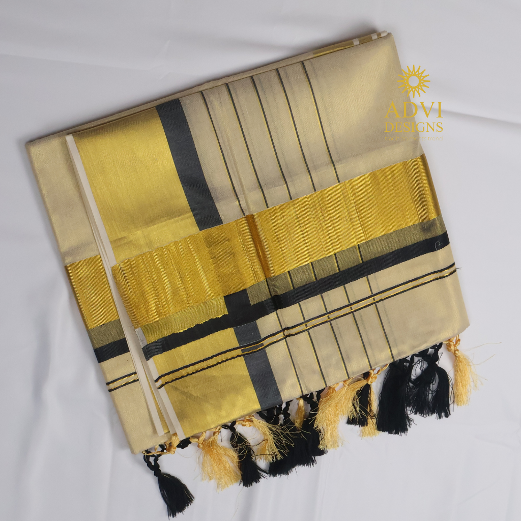 Premium Kerala Kasavu Tissue Set Saree with Black Border & Matching Blouse