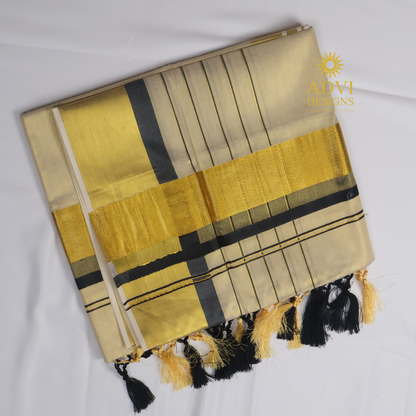 Premium Kerala Kasavu Tissue Set Saree with Black Border & Matching Blouse