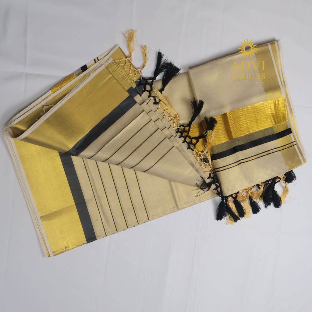 Premium Kerala Kasavu Tissue Set Saree with Black Border & Matching Blouse