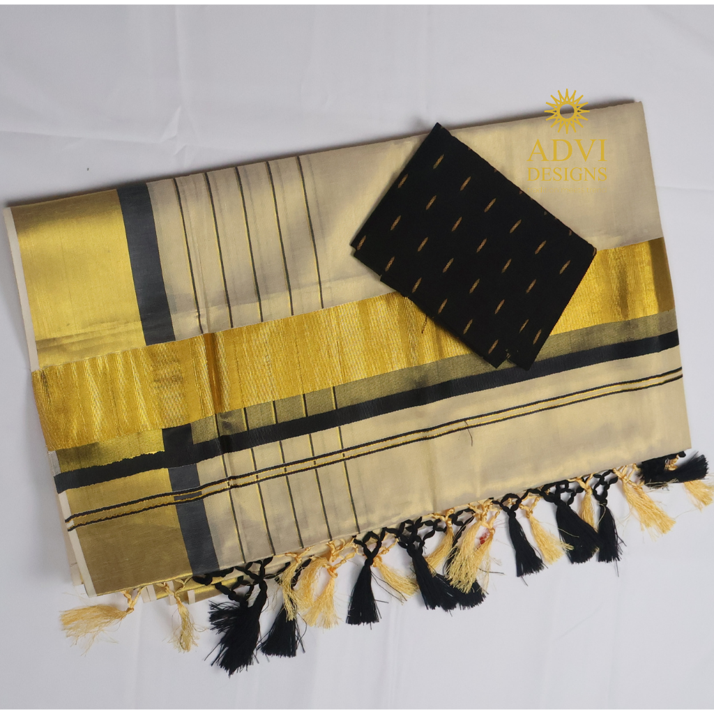 Premium Kerala Kasavu Tissue Set Saree with Black Border & Matching Blouse