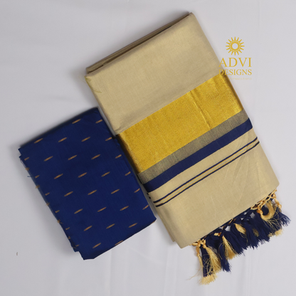 Premium Kerala Kasavu Tissue Set Saree with Royal Blue Border & Matching Blouse