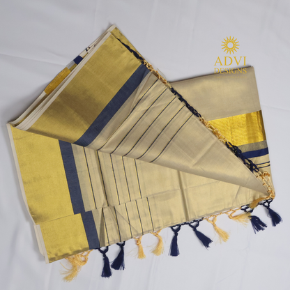 Premium Kerala Kasavu Tissue Set Saree with Royal Blue Border & Matching Blouse