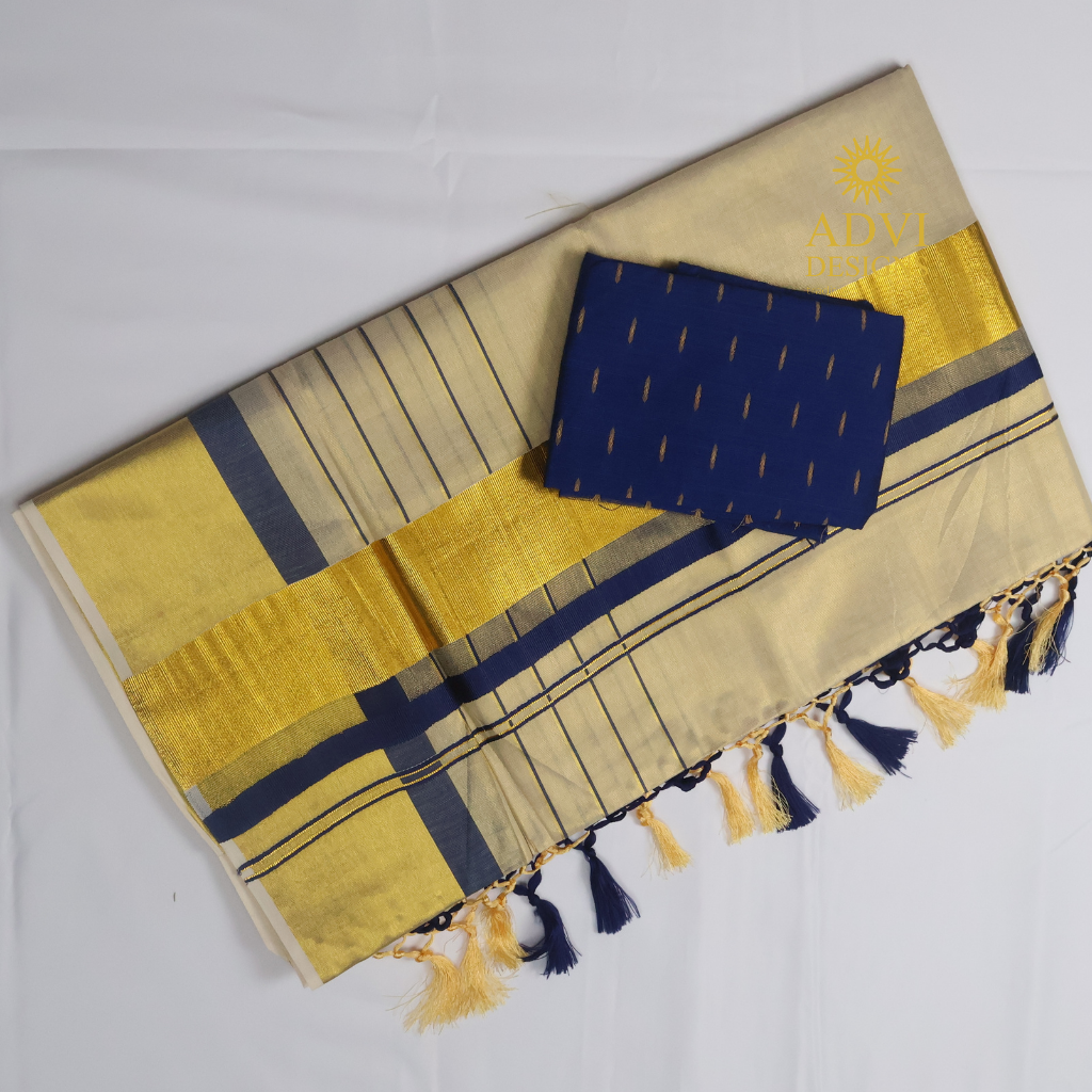 Premium Kerala Kasavu Tissue Set Saree with Royal Blue Border & Matching Blouse