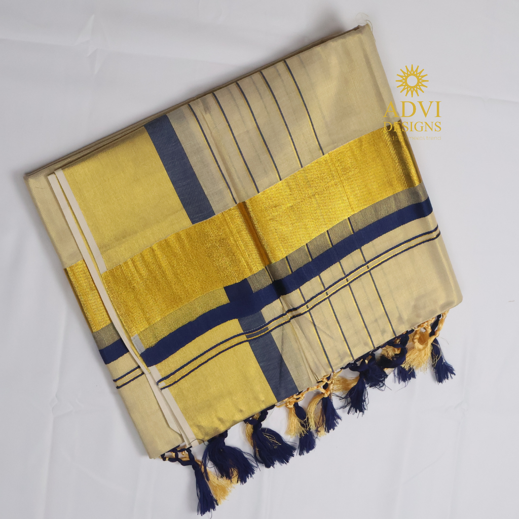 Premium Kerala Kasavu Tissue Set Saree with Royal Blue Border & Matching Blouse