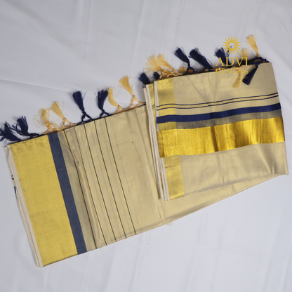 Premium Kerala Kasavu Tissue Set Saree with Royal Blue Border & Matching Blouse