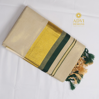 Premium Kerala Kasavu Tissue Set Saree with Bottle Green Border & Matching Blouse