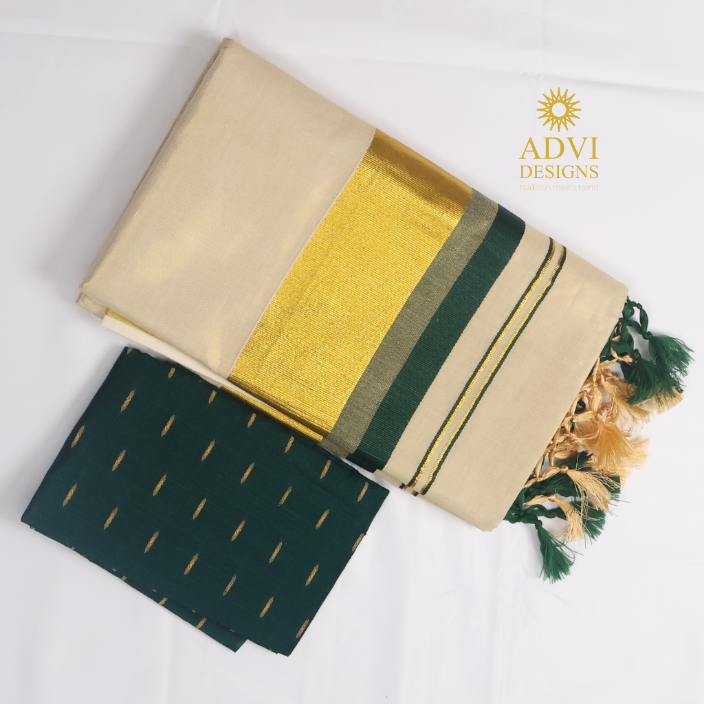 Premium Kerala Kasavu Tissue Set Saree with Bottle Green Border & Matching Blouse