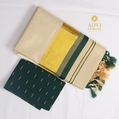 Premium Kerala Kasavu Tissue Set Saree with Bottle Green Border & Matching Blouse