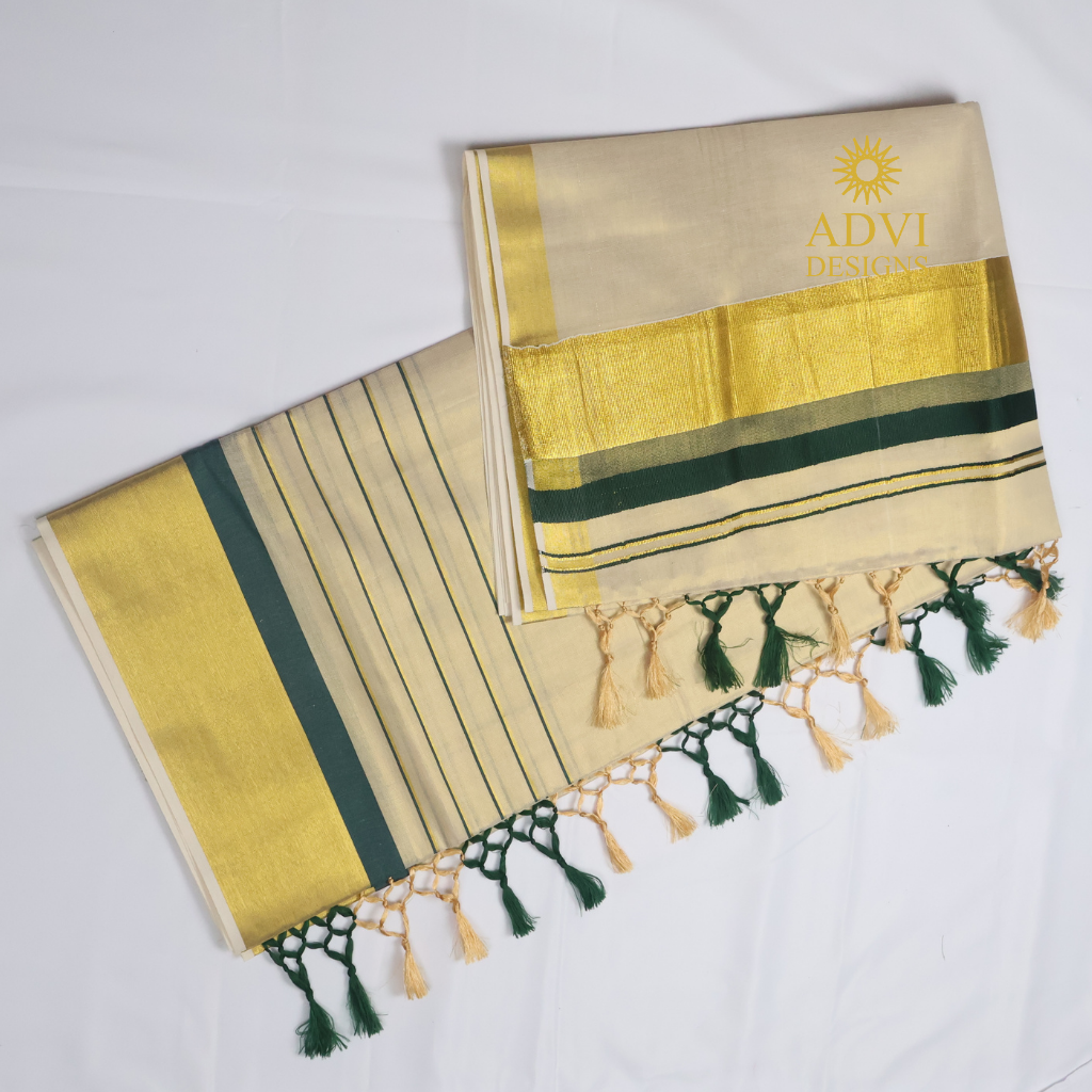 Premium Kerala Kasavu Tissue Set Saree with Bottle Green Border & Matching Blouse