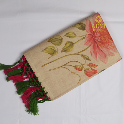 Premium Tissue Digital Printed Floral Set Saree with Gold Zari Border & Running Blouse