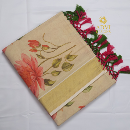 Premium Tissue Digital Printed Floral Set Saree with Gold Zari Border & Running Blouse