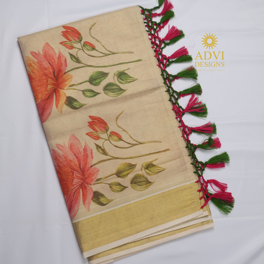 Premium Tissue Digital Printed Floral Set Saree with Gold Zari Border & Running Blouse