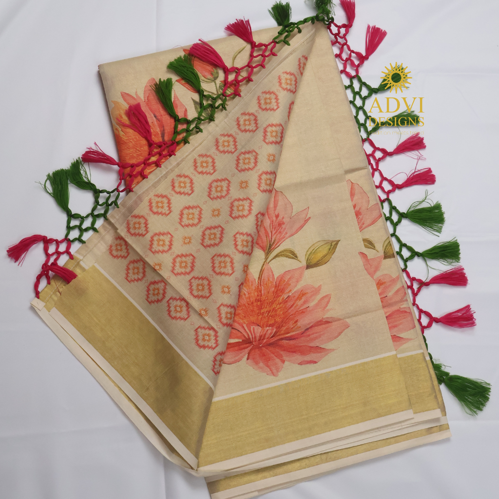 Premium Tissue Digital Printed Floral Set Saree with Gold Zari Border & Running Blouse