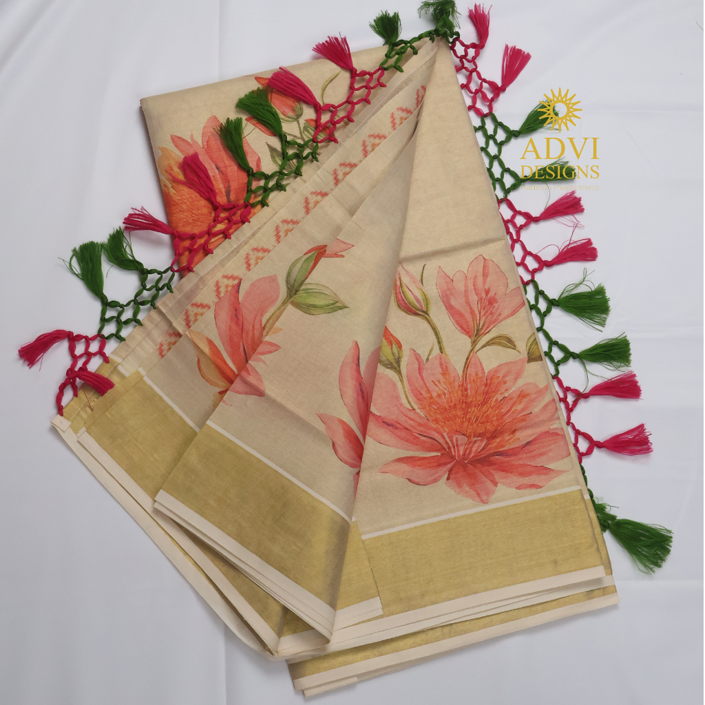 Premium Tissue Digital Printed Floral Set Saree with Gold Zari Border & Running Blouse