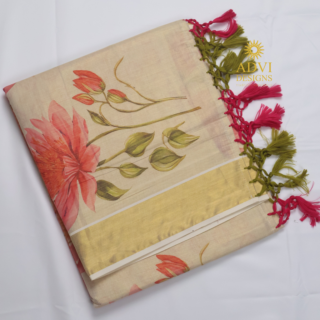 Premium Tissue Digital Printed Floral Set Saree with Gold Zari Border & Running Blouse