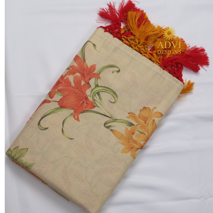 Premium Tissue Chembakam Digital Printed Set Saree with Gold Zari Border & Running Blouse