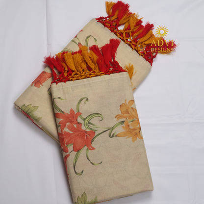 Premium Tissue Chembakam Digital Printed Set Saree with Gold Zari Border & Running Blouse