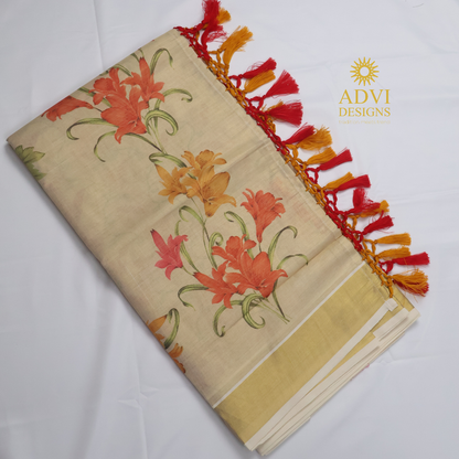Premium Tissue Chembakam Digital Printed Set Saree with Gold Zari Border & Running Blouse