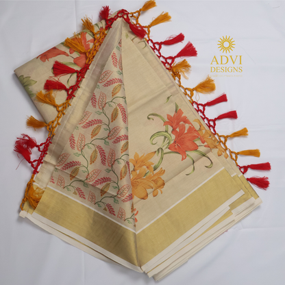 Premium Tissue Chembakam Digital Printed Set Saree with Gold Zari Border & Running Blouse