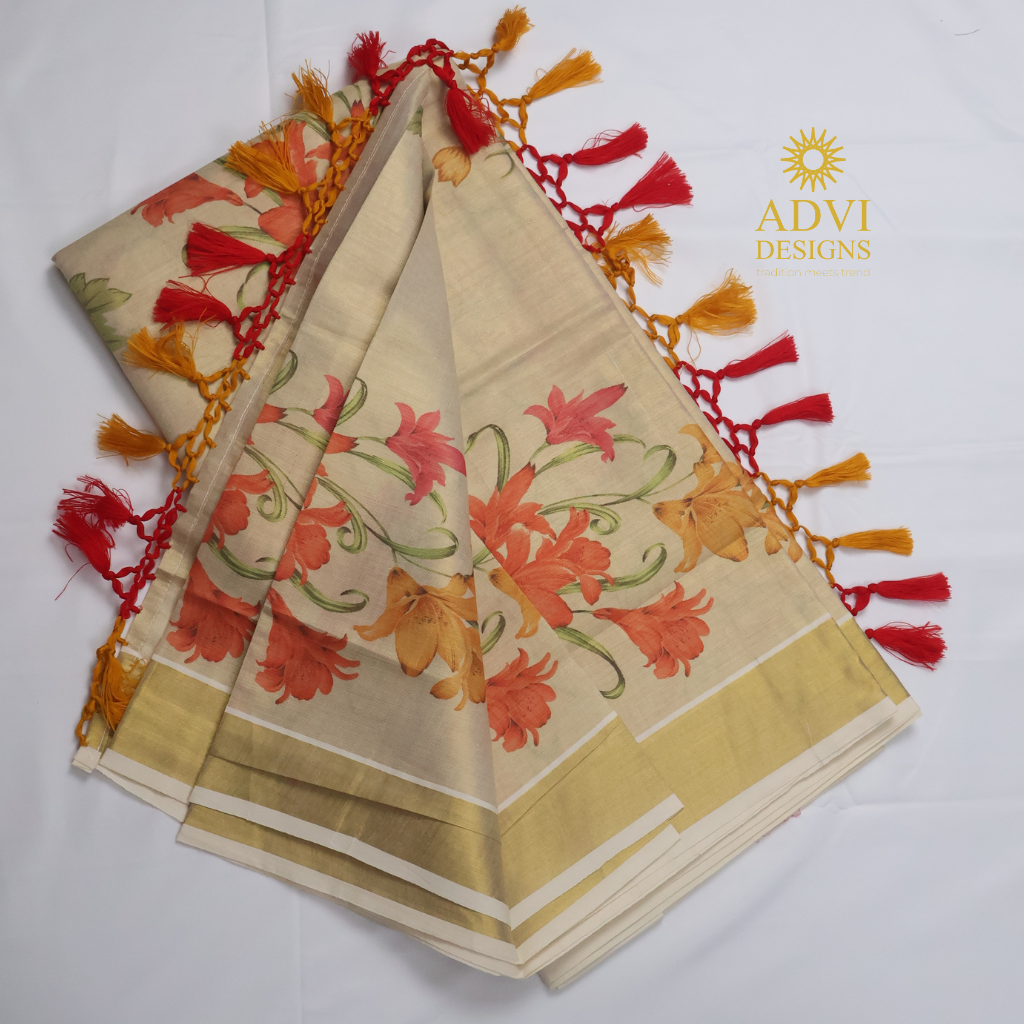 Premium Tissue Chembakam Digital Printed Set Saree with Gold Zari Border & Running Blouse