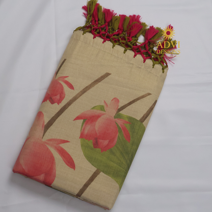 Premium Tissue Lotus Digital Printed Set Saree with Gold Zari Border & Running Blouse