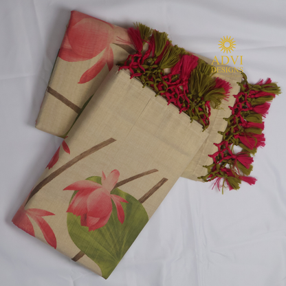 Premium Tissue Lotus Digital Printed Set Saree with Gold Zari Border & Running Blouse