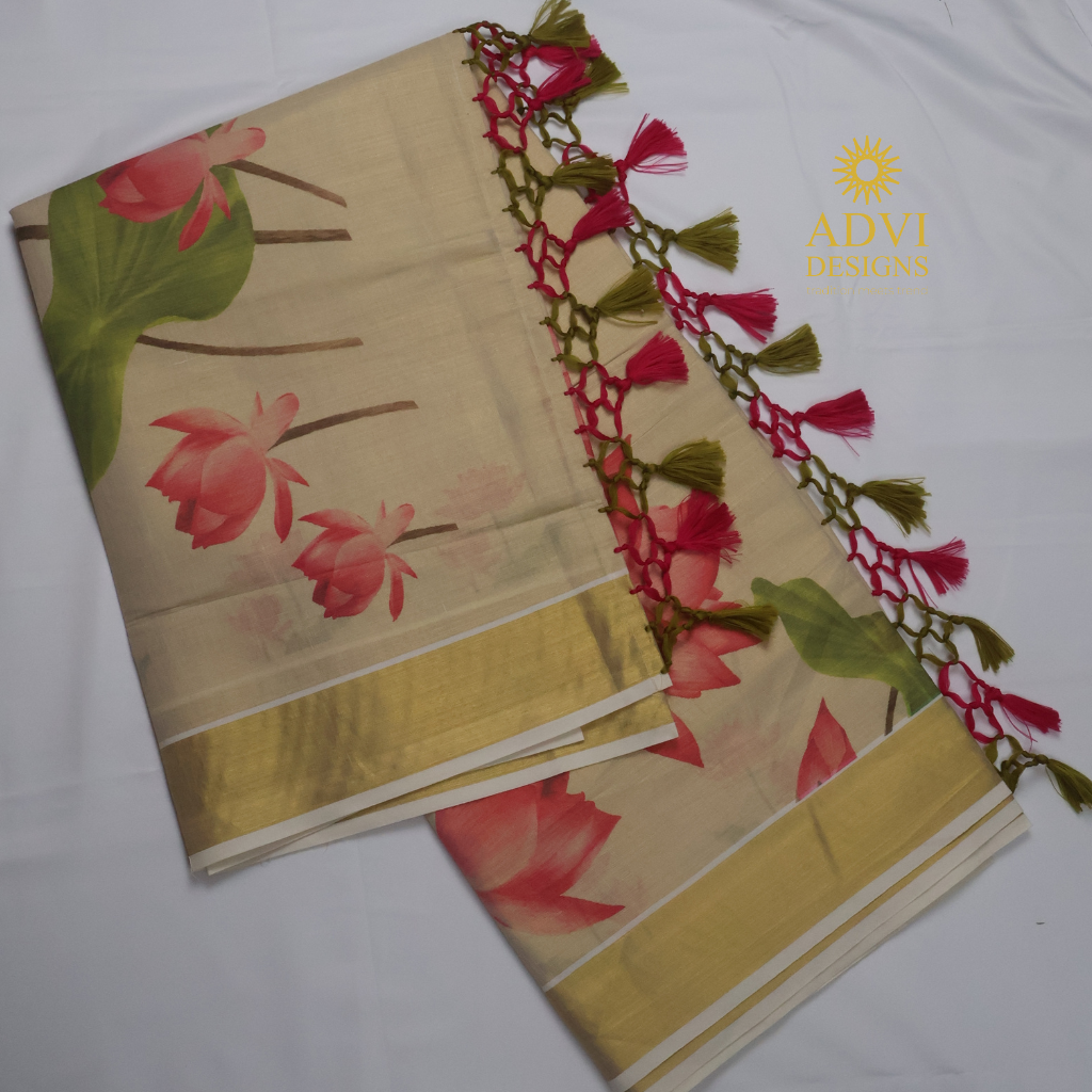Premium Tissue Lotus Digital Printed Set Saree with Gold Zari Border & Running Blouse