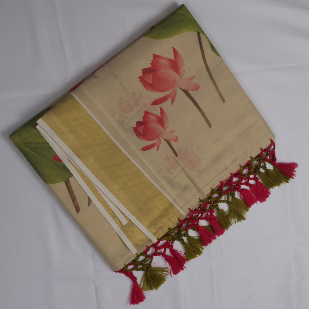Premium Tissue Lotus Digital Printed Set Saree with Gold Zari Border & Running Blouse