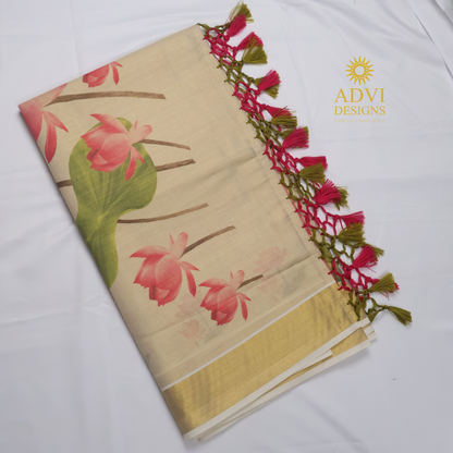 Premium Tissue Lotus Digital Printed Set Saree with Gold Zari Border & Running Blouse