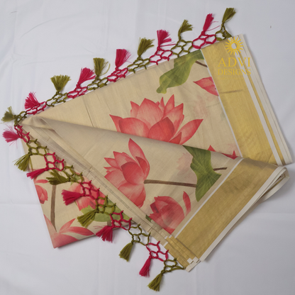 Premium Tissue Lotus Digital Printed Set Saree with Gold Zari Border & Running Blouse