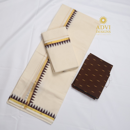 Premium Kerala Cotton Set Mundu with Brown Temple Border & Matching Blouse