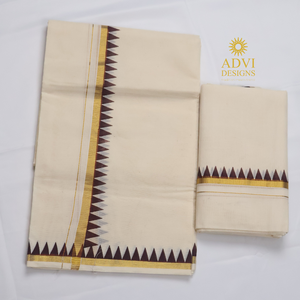 Premium Kerala Cotton Set Mundu with Brown Temple Border & Matching Blouse