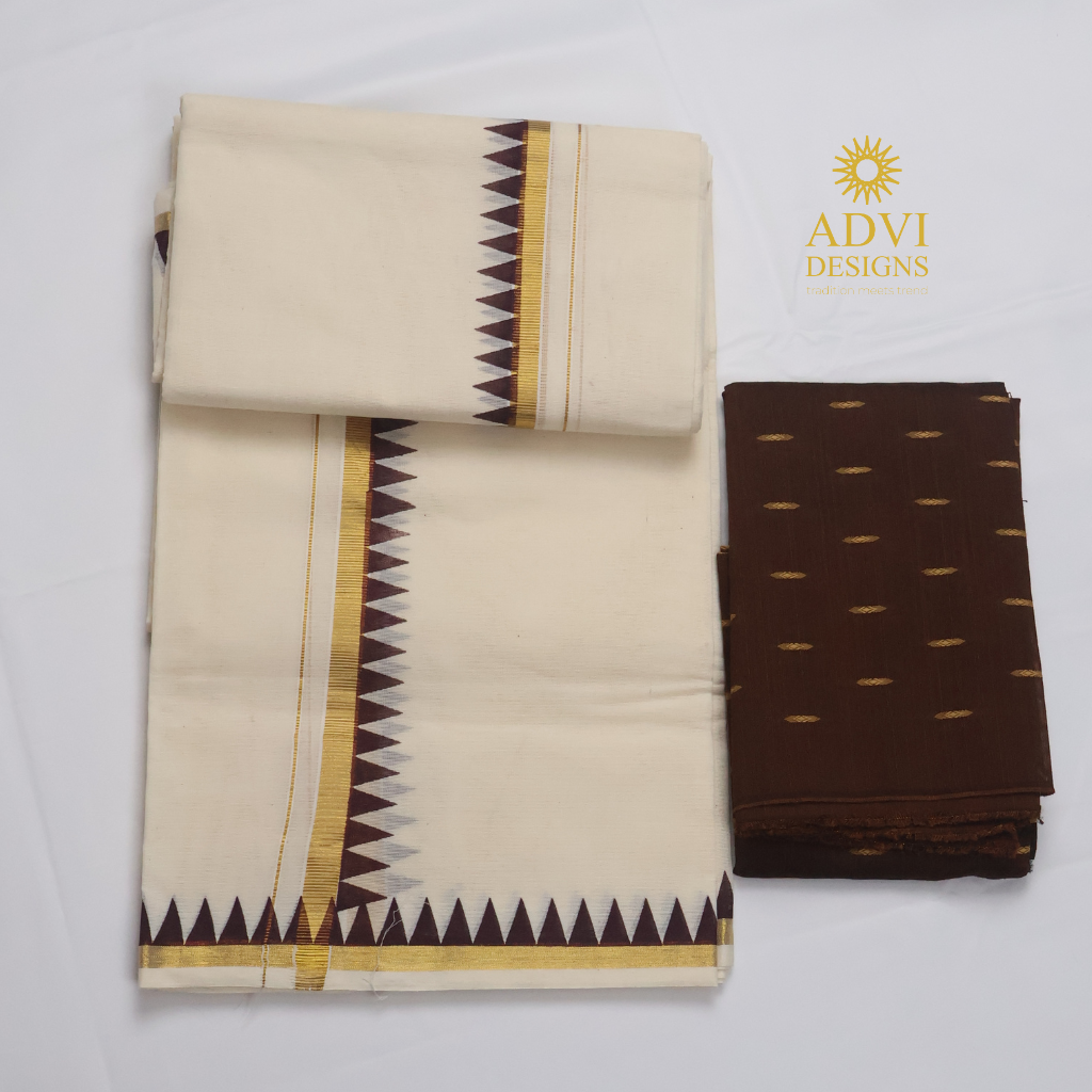 Premium Kerala Cotton Set Mundu with Brown Temple Border & Matching Blouse