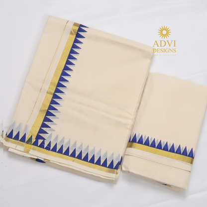 Premium Kerala Cotton Set Mundu with Royal Blue Temple Border & Matching Blouse