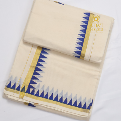 Premium Kerala Cotton Set Mundu with Royal Blue Temple Border & Matching Blouse