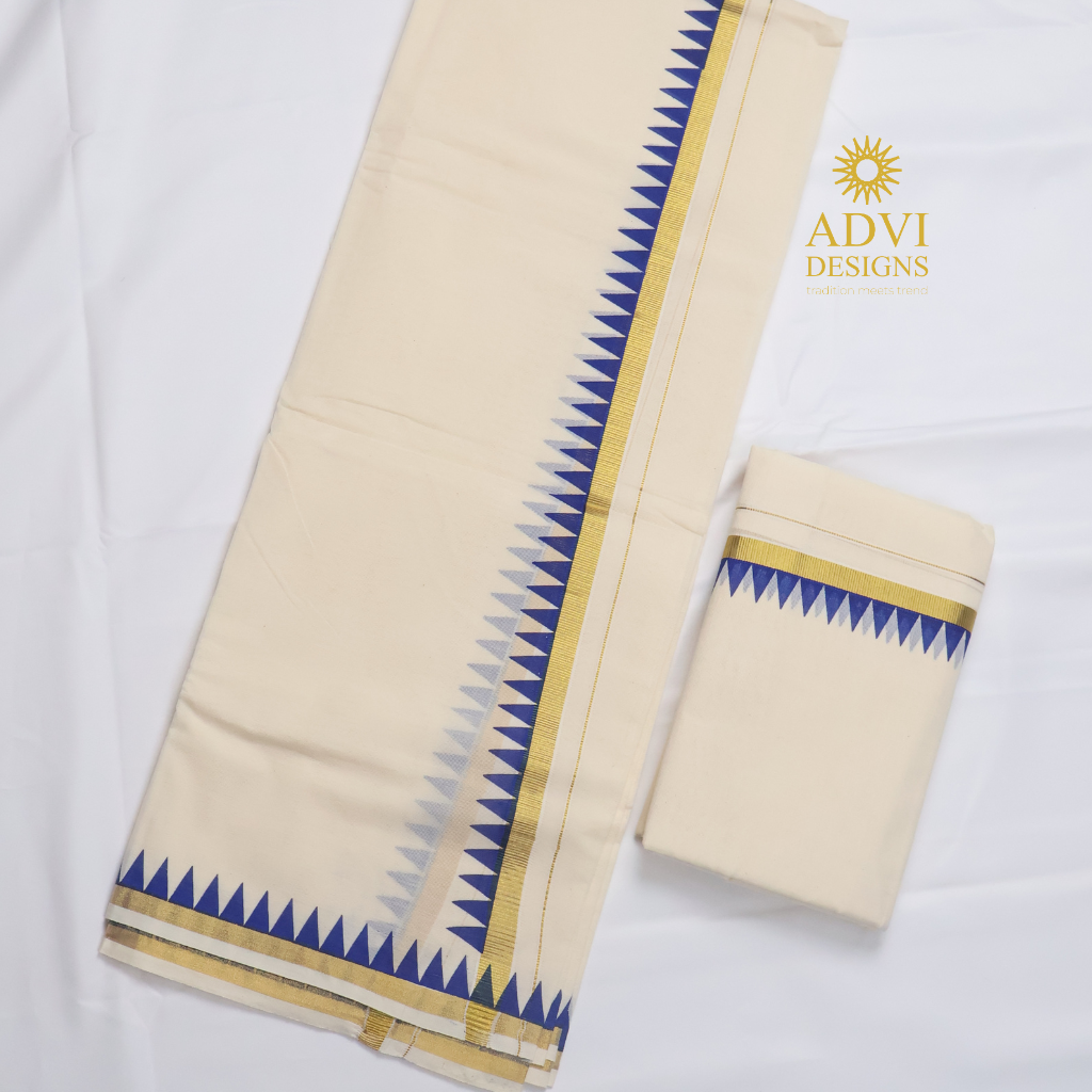 Premium Kerala Cotton Set Mundu with Royal Blue Temple Border & Matching Blouse