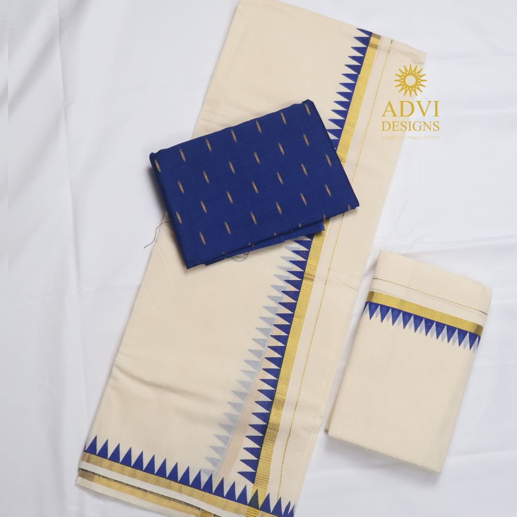 Premium Kerala Cotton Set Mundu with Royal Blue Temple Border & Matching Blouse