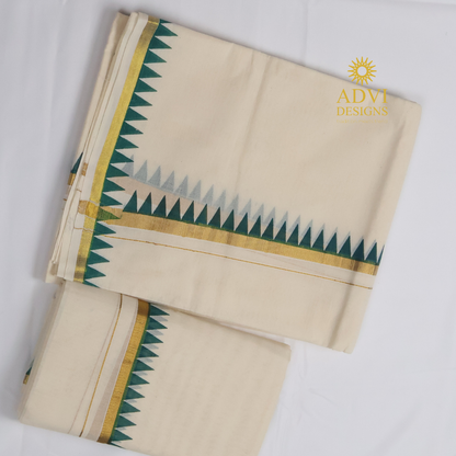 Premium Kerala Cotton Set Mundu with Bottle Green Temple Border & Matching Blouse
