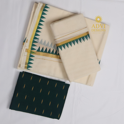 Premium Kerala Cotton Set Mundu with Bottle Green Temple Border & Matching Blouse