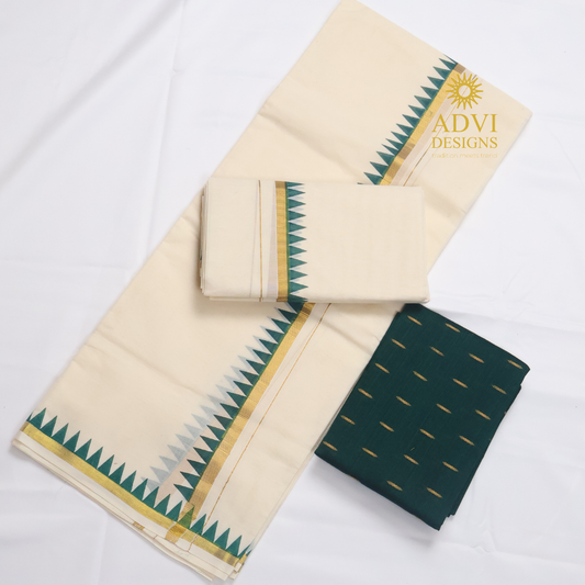 Premium Kerala Cotton Set Mundu with Bottle Green Temple Border & Matching Blouse