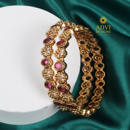 Traditional Kemp Stone Bangles Set with Deep Magenta Stones – Gold Finish