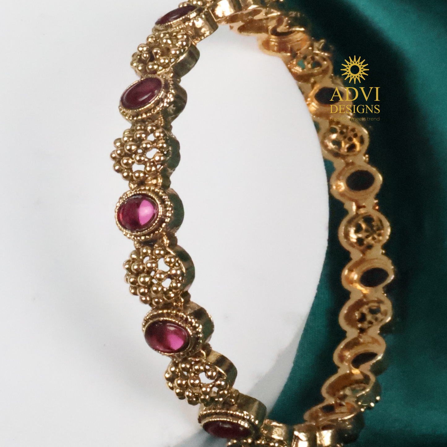 Traditional Kemp Stone Bangles Set with Deep Magenta Stones – Gold Finish
