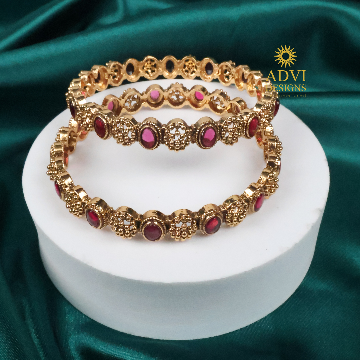 Traditional Kemp Stone Bangles Set with Deep Magenta Stones – Gold Finish