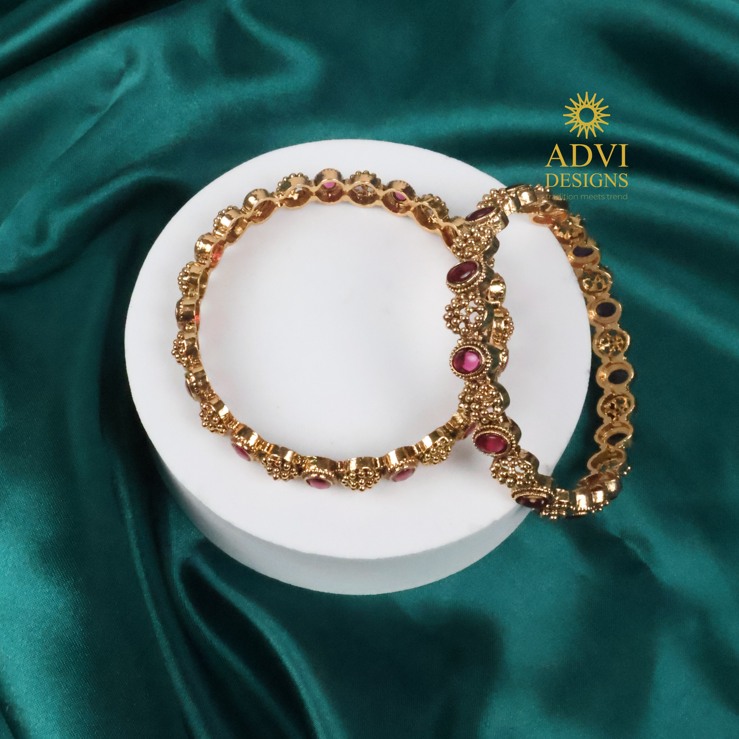 Traditional Kemp Stone Bangles Set with Deep Magenta Stones – Gold Finish