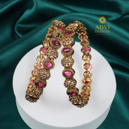 Traditional Kemp Stone Bangles Set with Deep Magenta Stones – Gold Finish